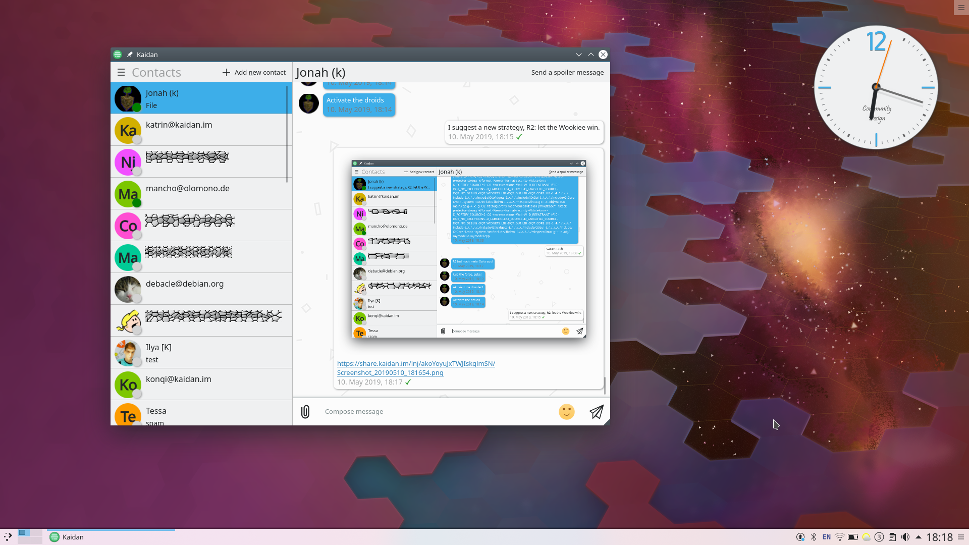 screenshot of Kaidan on KDE Plasma desktop environment